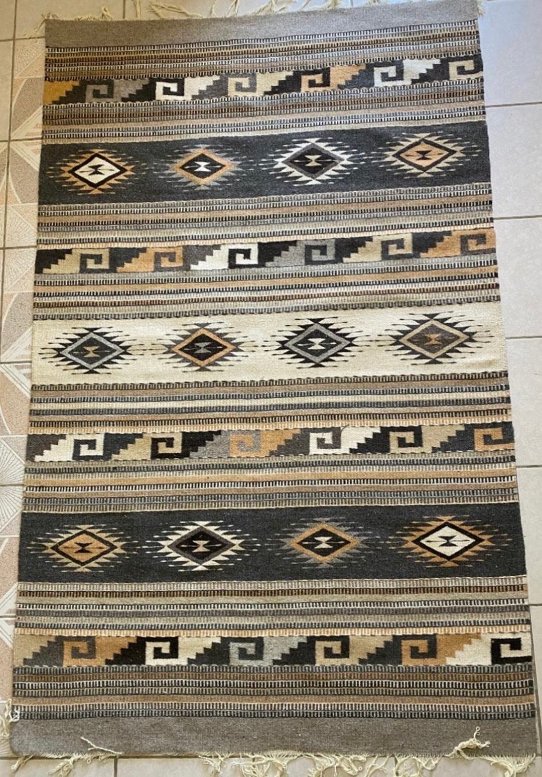 Authentic Mexican Area Rug, Zapotec Dimond and Grecas, Handwoven in
