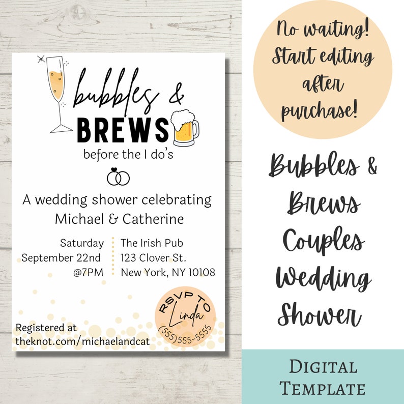 Bubbles & Brews Couples Wedding Shower Printable Invitation Etsy