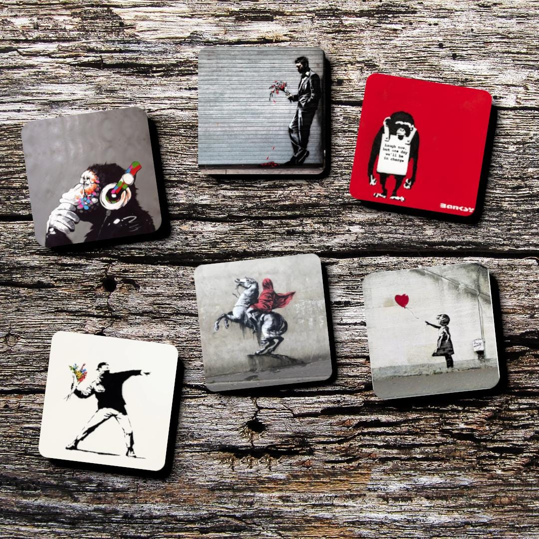 Banksy Inspired Coaster Set, Street Graffiti Art, Barware, Vibrant