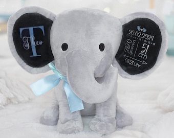 Elefante de pelúcia personalizado para presente de nascimento, brinquedo de pelúcia para bebê, presente para recém-nascidos, presente para bebê com detalhes do nascimento, elefante de pelúcia para bebê