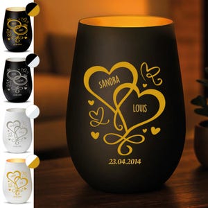 Hochzeitsgeschenk Personalisiertes Windlicht mit Gravur, Windlicht Hochzeit Geschenk, Herz- oder Ringdesign, Partner Geschenk Hochzeitstag