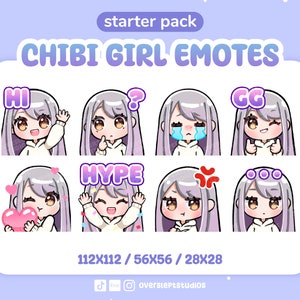 Silver Hair Brown Eyes Cute Chibi Girl Emotes for Twitch & Discord, Girl Twitch Emotes, Chibi Girl Emotes