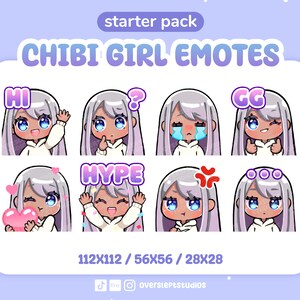 Silver Hair Blue Eyes Cute Chibi Girl Emotes for Twitch & Discord, Girl Twitch Emotes, Chibi Girl Emotes