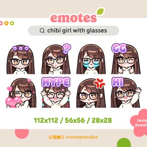 8 Cute Brown Hair Brown Eyes Chibi Girl Emotes for Twitch & Discord, Glasses Emotes, Chibi Girl Twitch Emotes, Twitch Emotes Pack, Streamer