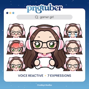 Gamer Girl PNGTuber | Brown Hair Green Eyes | Premade PNGTuber | Streaming Avatar | Vtuber Assets | Voice Reactive | Ready To Use | Glasses