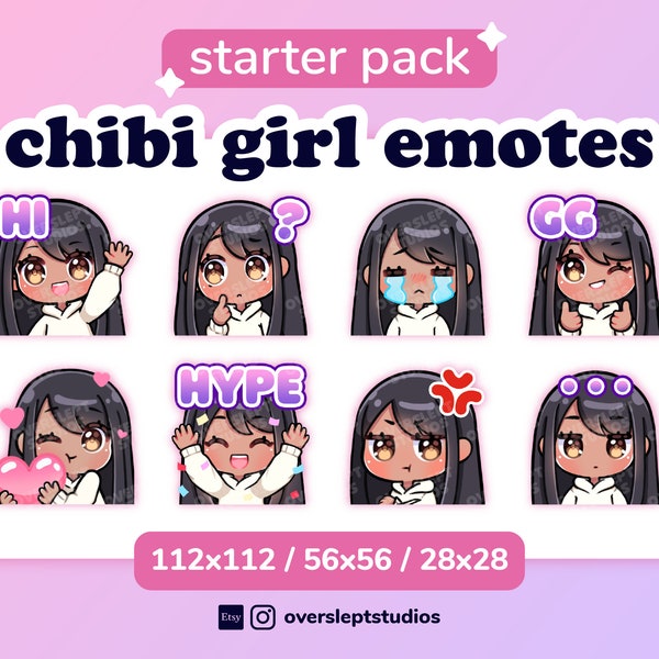 Black Hair Brown Eyes Cute Chibi Girl Emotes for Twitch & Discord