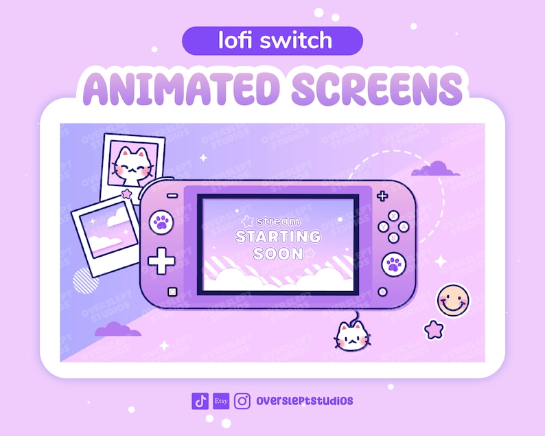 May include: A purple and white animated screen overlay for Twitch or YouTube featuring a stylized Nintendo Switch console with a cat charm, a cloud background, and the text "stream starting soon".
