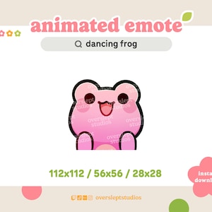 May include: Animated emote of a pink frog with a big smile and closed eyes, dancing. The frog is outlined in black. The image is set against a white background with a search bar that says "dancing frog".
