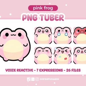 May include: A set of 7 pink frog emojis with different expressions, including happy, sad, surprised, and angry. The emojis are designed for use as voice reactive avatars. The text "PNG TUBER" and "VOICE REACTIVE - 7 EXPRESSIONS - 26 FILES" is also included in the image.