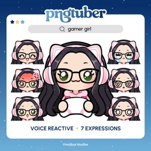Gamer Girl PNGTuber | Black Hair Green Eyes | Premade PNGTuber | Streaming Avatar | Vtuber Assets | Voice Reactive | Ready To Use | Glasses