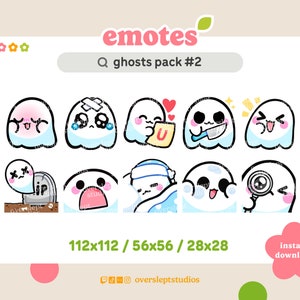 May include: A set of nine cartoon ghost emojis in various poses, including a ghost with a bandage, a ghost holding a knife, and a ghost with a magnifying glass. The emojis are in a grid format and are surrounded by a white border. The text "ghosts pack #2" is at the top of the image.