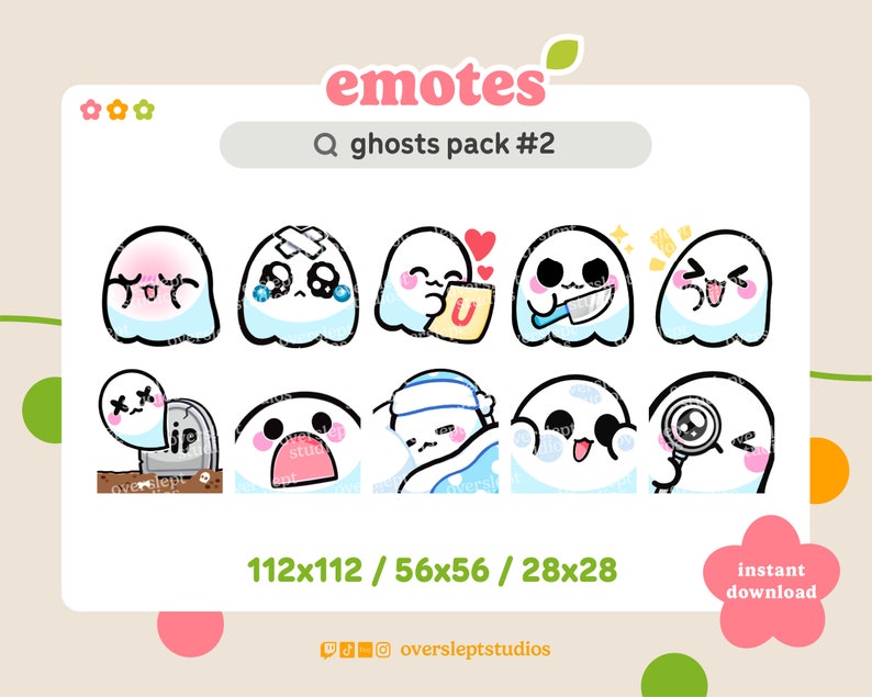 May include: A set of nine cartoon ghost emojis in various poses, including a ghost with a bandage, a ghost holding a knife, and a ghost with a magnifying glass. The emojis are in a grid format and are surrounded by a white border. The text "ghosts pack #2" is at the top of the image.