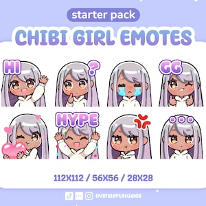 Silver Hair Brown Eyes Cute Chibi Girl Emotes for Twitch & Discord, Girl Twitch Emotes, Chibi Girl Emotes