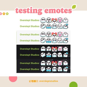 May include: A collection of animated ghost emojis with different expressions, including a ghost with a heart, a ghost with fire, a ghost with a tongue sticking out, a ghost with a crying face, a ghost with a surprised face, and a ghost with a raid text. The emojis are displayed on a white background with the text "Overslept Studios" repeated multiple times.