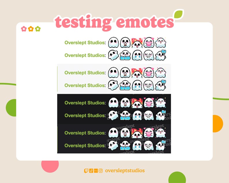 May include: A collection of animated ghost emojis with different expressions, including a ghost with a heart, a ghost with fire, a ghost with a tongue sticking out, a ghost with a crying face, a ghost with a surprised face, and a ghost with a raid text. The emojis are displayed on a white background with the text "Overslept Studios" repeated multiple times.