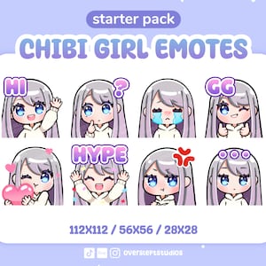 Silver Hair Blue Eyes Cute Chibi Girl Emotes for Twitch & Discord, Girl Twitch Emotes, Chibi Girl Emotes