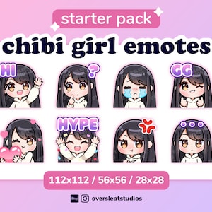 Black Hair Brown Eyes Cute Chibi Girl Emotes for Twitch & Discord