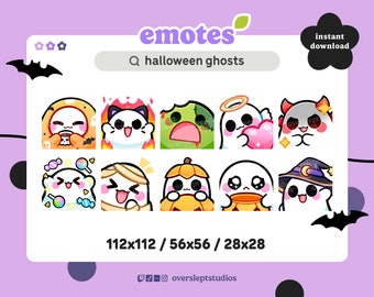 May include: Set of nine Halloween ghost emojis in various poses, including a ghost holding a heart, a ghost with a pumpkin, and a ghost wearing a witch's hat. The emojis are in a grid format with the text "emotes" and "halloween ghosts" above the grid. The text "112x112 / 56x56 / 28x28" is below the grid. The text "oversleptstudios" is below the text "112x112 / 56x56 / 28x28".