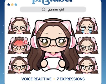 Chica gamer PNGTuber / Cabello castaño y ojos color avellana / PNGTuber prediseñado / Avatar de streaming / Recursos de Vtuber / Reactivo de voz / Listo para usar / Gafas