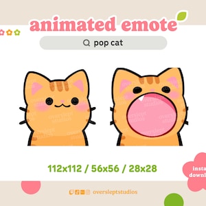 Op de afbeelding: Geanimeerde emoji van een oranje cartoonkat met gesloten ogen en een roze mond, en een andere geanimeerde emoji van dezelfde kat met een open mond en een roze tong. De tekst "pop cat" staat in een zoekbalk boven de emoji's. De tekst "112x112 / 56x56 / 28x28" staat onder de emoji's. De tekst "oversleptstudios" staat onder de afmetingen.