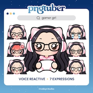 Gamer Girl PNGTuber | Black Hair Brown Eyes | Premade PNGTuber | Streaming Avatar | Vtuber Assets | Voice Reactive | Ready To Use | Glasses