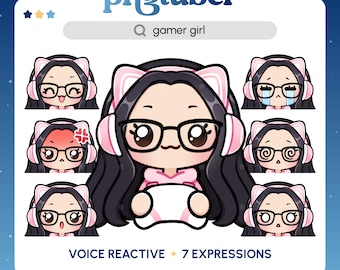 Chica gamer PNGTuber / Cabello negro y ojos marrones / PNGTuber prediseñado / Avatar de streaming / Recursos de Vtuber / Reactivo de voz / Listo para usar / Gafas