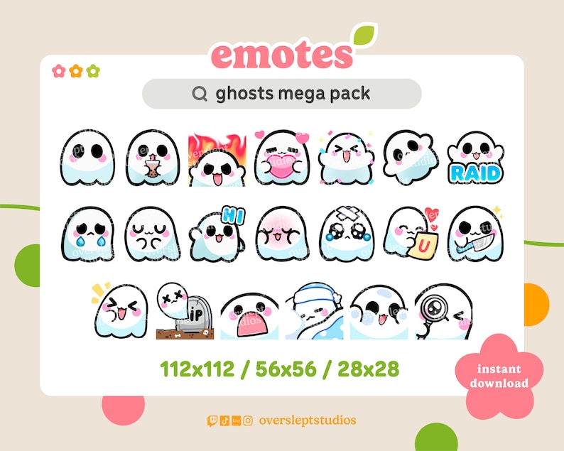 May include: A set of 24 ghost emojis in various poses and expressions. The emojis are in different sizes, including 112x112, 56x56, and 28x28 pixels. The emojis are on a white background with a pink and green border.