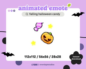May include: Animated Halloween emote featuring a pumpkin with a spooky face and a pink and white candy. The text "112x112 / 56x56 / 28x28" is below the image.