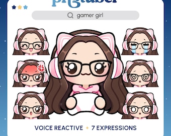 Chica gamer PNGTuber / Cabello castaño y ojos marrones / PNGTuber prediseñado / Avatar de streaming / Recursos de Vtuber / Reactivo de voz / Listo para usar / Gafas