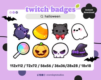 8 Halloween Badges for Twitch and Discord, Spooky Season, Witch, Gaming, Streaming, Skulls, Cats, Pumpkin, Emote Pack, Ghosts, Spooky Emotes