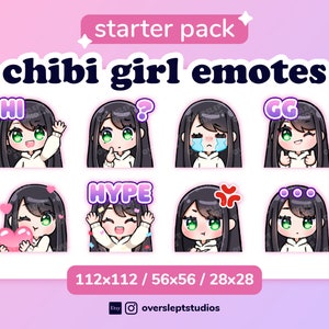Black Hair Green Eyes Cute Chibi Girl Emotes for Twitch & Discord