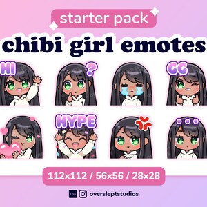 Black Hair Green Eyes Cute Chibi Girl Emotes for Twitch & Discord