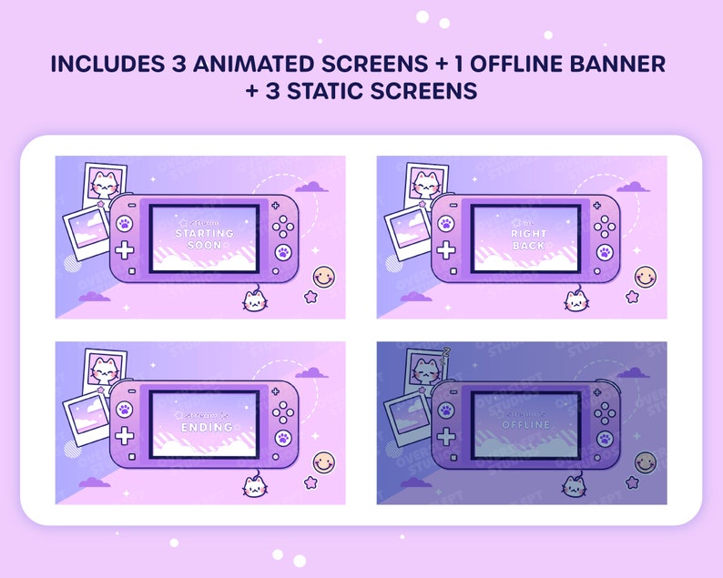 May include: A set of animated and static Twitch stream screens featuring a purple and pink Nintendo Switch with a cat character. The screens include text that says "Starting Soon", "Right Back", "Ending", and "Offline".