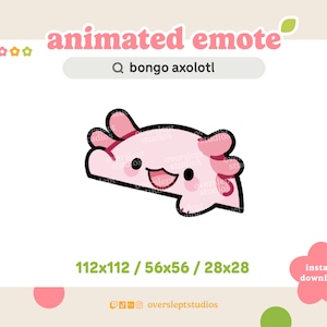 Puede incluir: Emoticono animado de un ajolote rosa con una expresión feliz. El ajolote está en una posición enroscada con la cabeza inclinada hacia un lado. El emoticono está disponible en tres tamaños: 112x112, 56x56 y 28x28. El texto "descarga instantánea" también es visible en la imagen.