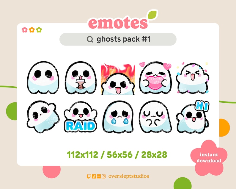 May include: A set of nine digital ghost emojis in various poses and expressions. The emojis are in a cartoon style with large eyes and simple features. The emojis are in a variety of colours, including blue, pink, and yellow. The emojis are arranged in a grid of three rows and three columns. The text "RAID" is featured on one of the emojis.