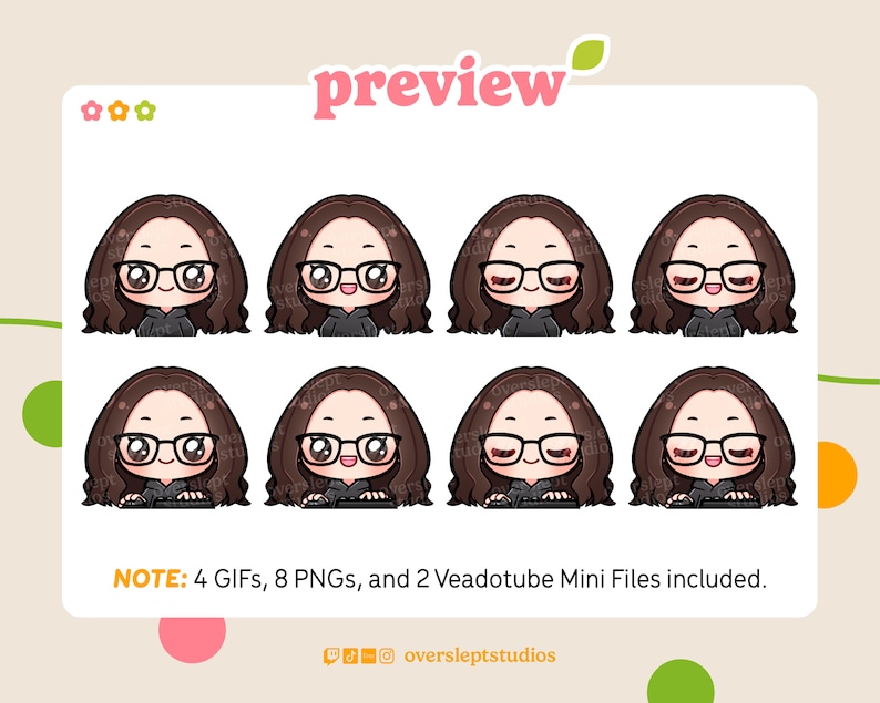 Cute Chibi Girl GIFtuber, PNGtuber for Twitch, Discord Reactive, Youtube Streamers, Premade PNGtuber, Ready to Use, Voice Reactive, Glasses image 2