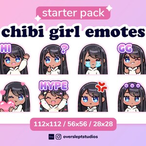 Black Hair Blue Eyes Cute Chibi Girl Emotes for Twitch & Discord
