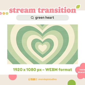 Może przedstawiać: Grafika cyfrowa z zielonym wzorem serca, zatytułowana "stream transition". Obraz zawiera tekst "green heart" w pasku wyszukiwania oraz "1920 x 1080 px - WEBM format". Różowy kwiat mówi "natychmiastowe pobieranie".