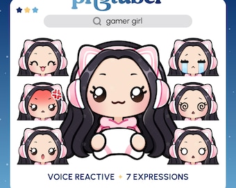 Chica gamer PNGTuber / Cabello negro y ojos marrones / PNGTuber prediseñado / Avatar de streaming / Recursos de Vtuber / Reactivo de voz / Listo para usar