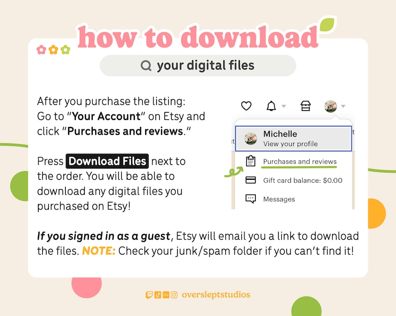 May include: A screenshot of a computer screen showing instructions on how to download digital files purchased on Etsy. The instructions say to go to "Your Account" and click "Purchases and reviews." Then, press "Download Files" next to the order. The screenshot also shows a notification that if you signed in as a guest, Etsy will email you a link to download the files. It also says to check your junk/spam folder if you can't find it.
