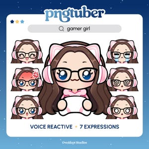 Gamer Girl PNGTuber | Brown Hair Blue Eyes | Premade PNGTuber | Streaming Avatar | Vtuber Assets | Voice Reactive | Ready To Use | Glasses