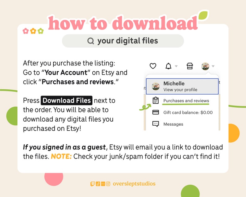 May include: A screenshot of a computer screen showing instructions on how to download digital files purchased on Etsy. The instructions include going to "Your Account" and clicking on "Purchases and reviews". The screenshot also shows a dropdown menu with options for "Purchases and reviews", "Gift card balance", and "Messages".