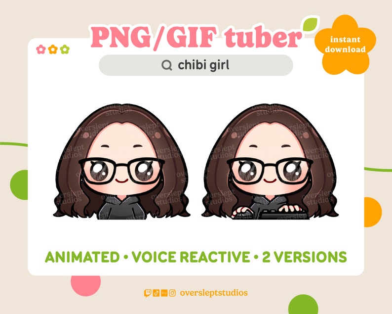 Cute Chibi Girl GIFtuber, PNGtuber for Twitch, Discord Reactive, Youtube Streamers, Premade PNGtuber, Ready to Use, Voice Reactive, Glasses image 1