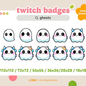 May include: A set of nine digital badges featuring cute cartoon ghost illustrations in various sizes. The badges are available in 112x112, 72x72, 56x56, 36x36, 28x28, and 18x18 pixel sizes. The ghosts are white with black eyes and are wearing different accessories, including horns, crowns, and blue wings.