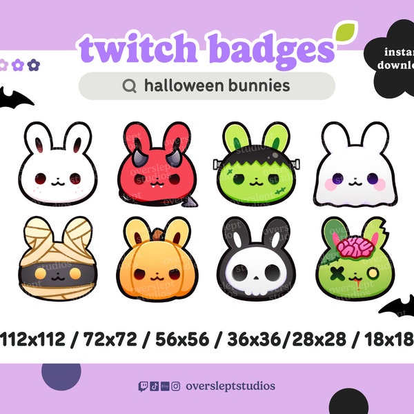 8 Halloween Badges for Twitch and Discord, Spooky Season, Witch, Gaming, Stream, Skulls, Bunnies, Pumpkin, Emote Pack, Ghosts, Spooky Emotes