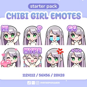 Silver Hair Green Eyes Cute Chibi Girl Emotes for Twitch & Discord