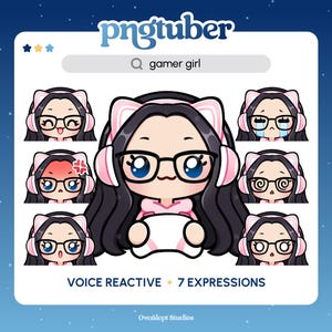 Gamer Girl PNGTuber | Black Hair Blue Eyes | Premade PNGTuber | Streaming Avatar | Vtuber Assets | Voice Reactive | Ready To Use | Glasses