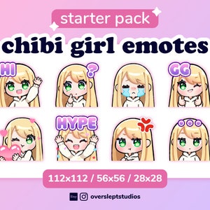 Blonde Hair Green Eyes Cute Chibi Girl Emotes for Twitch & Discord