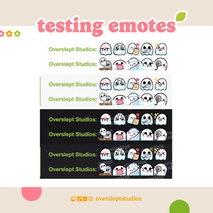 May include: A collection of animated ghost emotes with different expressions, including happy, sad, surprised, and sleepy. The emotes are designed in a cute cartoon style with white bodies and black eyes. The text "Overslept Studios" appears multiple times on a white background.