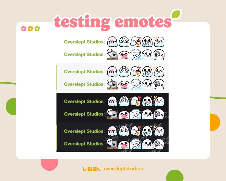 May include: A collection of animated ghost emotes with different expressions, including happy, sad, surprised, and sleepy. The emotes are designed in a cute cartoon style with white bodies and black eyes. The text "Overslept Studios" appears multiple times on a white background.
